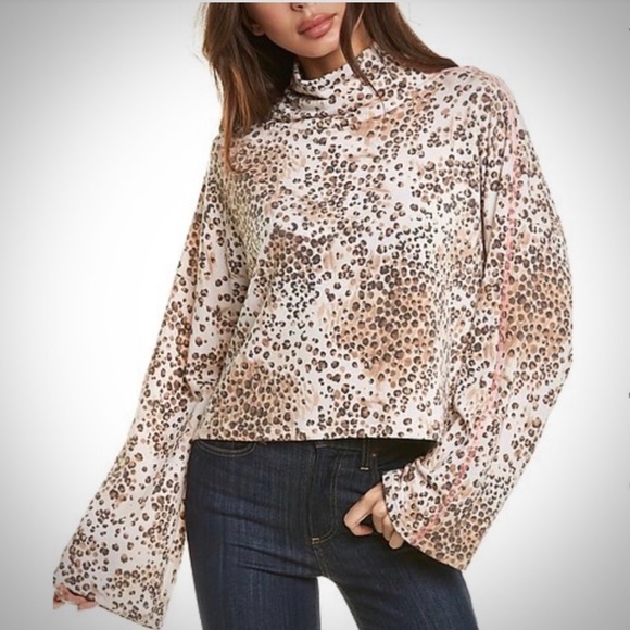 New! Leopard Cowl Neck Bell Long Sleeve Blouse Sz S - Picture 1 of 7